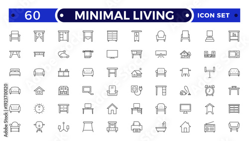 Minimal Living outline icon set. vector thin line outline symbols for ui/ux app and web interfaces. minimal stroke collection including clothes hanger, bookshelf, standing, decoration.