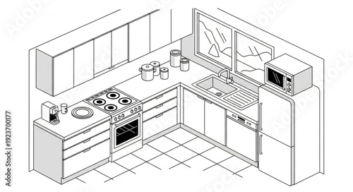 Modern kitchen design with appliances and cabinets in a contemporary style.