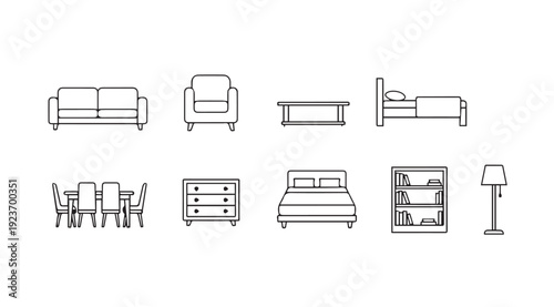 Collection of Furniture Line Icons: Sofa, Armchair, Table, Bed, Dresser, Bookshelf, Lamp
