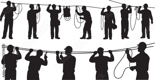 Construction workers in various poses with ropes and tools