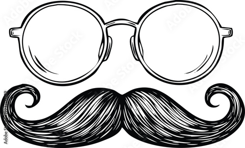 Round Glasses Mustache Icon Vintage Style Drawing Isolated