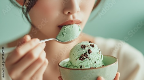 Woman enjoys mint chocolate chip ice cream in a bowl with a spoon in a light blue setting in the afternoon