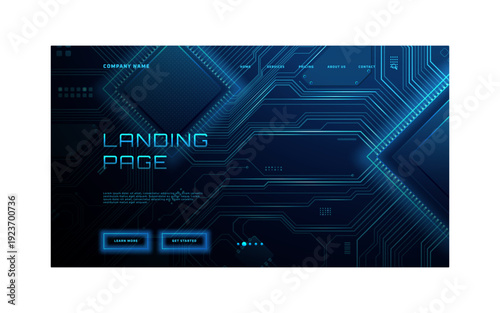 Futuristic electronic circuit template with glowing blue lines. Modern digital tech design for corporate landing pages, presentations, banners, and innovative business concepts. Vector illustration