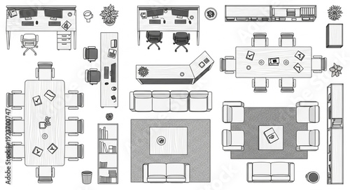 Detailed top-down view of various furniture arrangements and layouts for interior design.