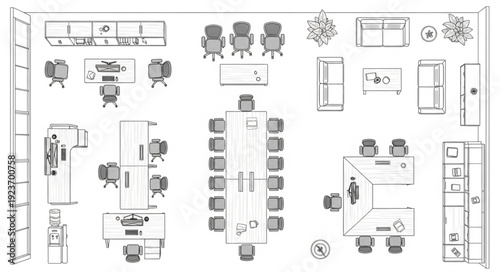 Office space layout with desks, chairs, and meeting table arrangement.