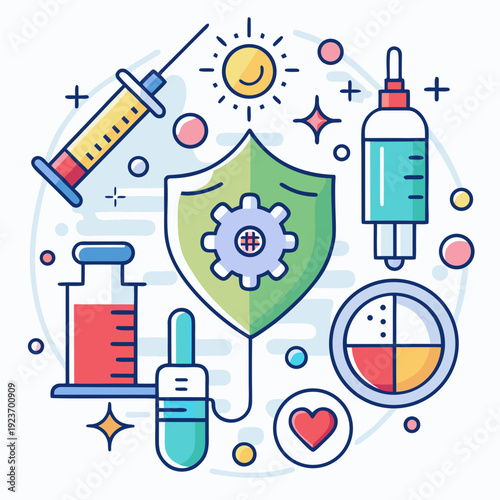 Medical shield with vaccine and health icons
