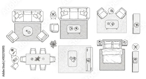 Top-down view of various furniture arrangements and layouts for interior design inspiration.