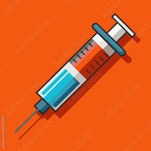 Medical Syringe with Blue Liquid and Orange Background