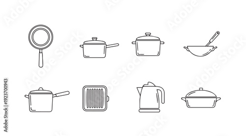 Collection of Kitchen Cookware Icons: Pots, Pans, Kettle, Wok, Grill Pan, Casserole Dish
