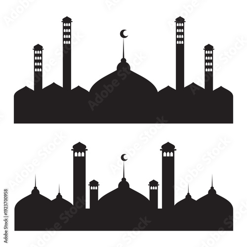 Collection of mosque silhouettes, poster design elements, Arabic themed banner designs