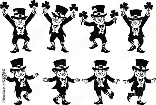 Black silhouettes of lucky Irish leprechauns dancing and holding shamrocks for St Patricks Day celebration isolated on white background for design
