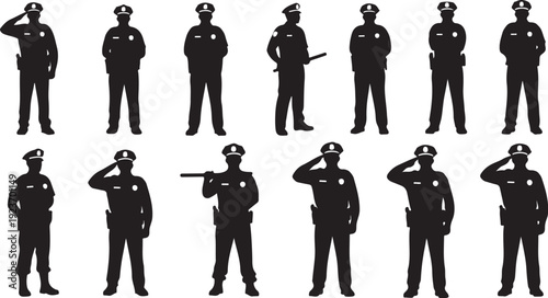 Police Officers in Various Poses and Uniforms Silhouette Collection