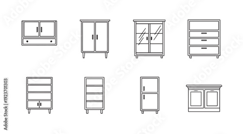 Collection of Line Art Furniture Icons: Cabinets and Dressers, Vector Graphics