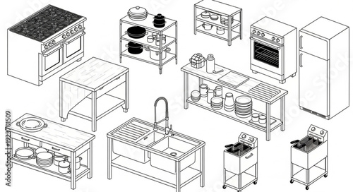 Commercial kitchen equipment illustration featuring various cooking and food preparation appliances.