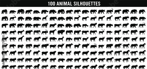 Large collection of one hundred animal silhouettes vector illustration, wild mammal safari wildlife icons set isolated on white background, nature design.