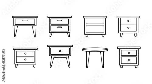 Collection of Line Art Nightstand and Table Icons on White Background
