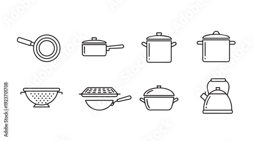 Collection of Line Icons for Kitchenware: Pots, Pans, Kettle, Colander, Grill Pan