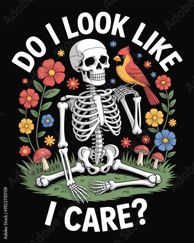 Skeleton with Bird and Flowers on Black Background skull mushrooms