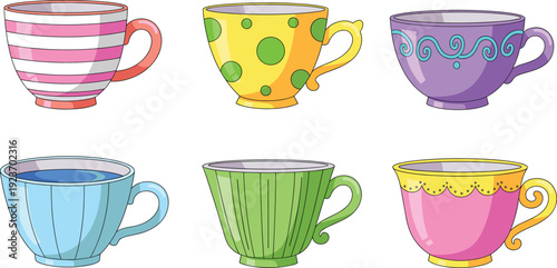 Colorful Teacup Vector Set with Decorative Coffee and Tea Cups in Different Patterns for Kitchen Illustration, Tableware Design, and Cafe Graphics