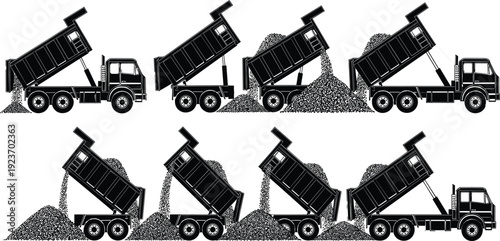 Collection of black dump truck silhouettes in various unloading positions with gravel and sand piles isolated on white background for constructionCollection of 