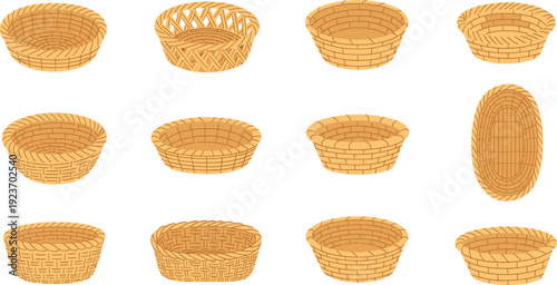 Wicker Basket Collection Vector with Round and Oval Woven Containers in Various Shapes for Storage, Picnic, Bakery, and Rustic Decor Design