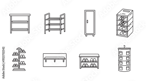 Collection of Shoe Rack Line Art Icons and Illustrations