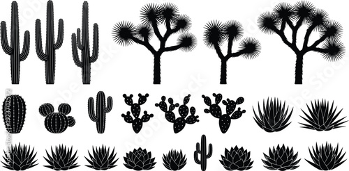 Collection of African savanna wildlife silhouettes including giraffe elephant zebra lion rhino and acacia trees isolated on white background for safariCollection background for safari