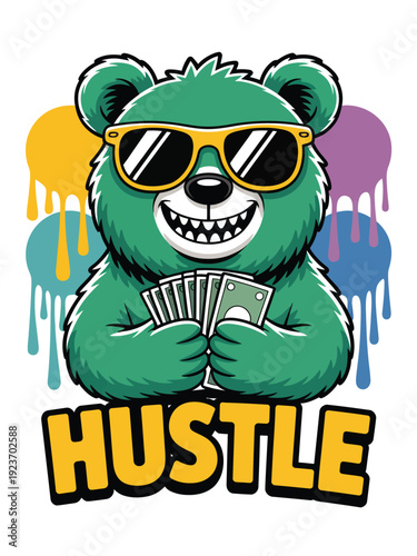 Green cartoon bear wearing sunglasses holding money with colorful background and hustle text
