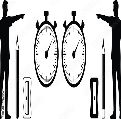 Two people pointing at clocks with pencils and paperclips