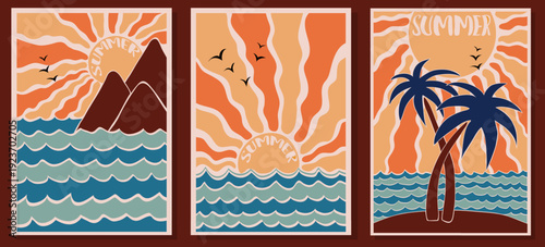 Palm tree beach with sun and sea posters set. Collection of groovy, hippie summer cards. Abstract retro poster in naive style. Seventies, groovy background. Hippie Aesthetic. Vector print