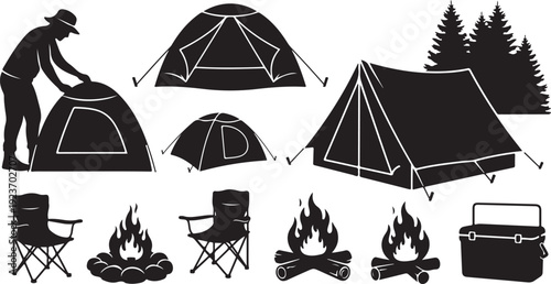 Camping icons and silhouettes for outdoor adventure travel