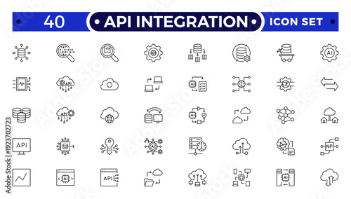 API Integration outline icons illustrating connect, network, sync, workflow, integration, transfer, hierarchy, flowchart, automation, global communication, hub nodes, editable stroke, diagram.