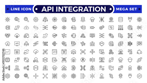 API Integration outline icons illustrating connect, network, sync, workflow, integration, transfer, hierarchy, flowchart, automation, global communication, hub nodes, editable stroke, diagram.