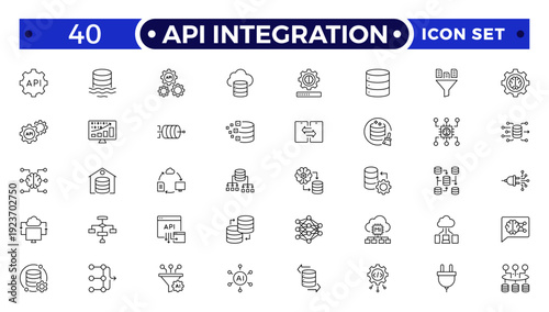 API Integration outline icons illustrating connect, network, sync, workflow, integration, transfer, hierarchy, flowchart, automation, global communication, hub nodes, editable stroke, diagram.