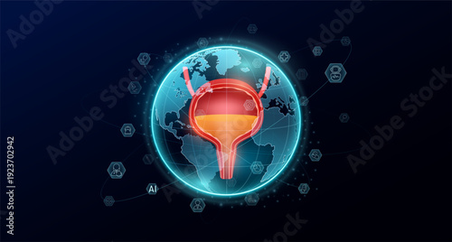 Human organ bladder in blue transparent globe. Medic science icons surrounded. Medical world future. Global there is increasing importance placed on health care. Vector.