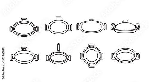Collection of Various Pot and Pan Line Art Icons for Cooking and Kitchenware