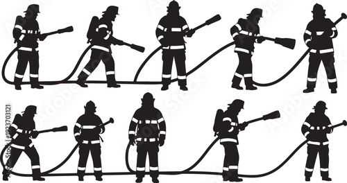 Firefighters in action with hoses silhouettes on white background
