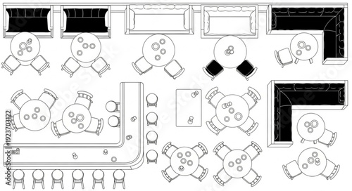 Restaurant layout with tables and chairs, a detailed top-down view.