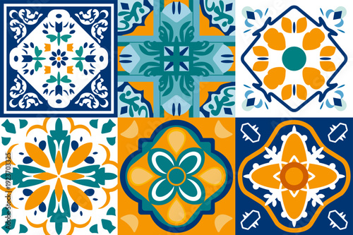 Moroccan tiles set with geometric and floral patterns in creative mosaic design for traditional interior decor. Mediterranean or boho inspired style for kitchen wallpaper or bathroom wall decoration