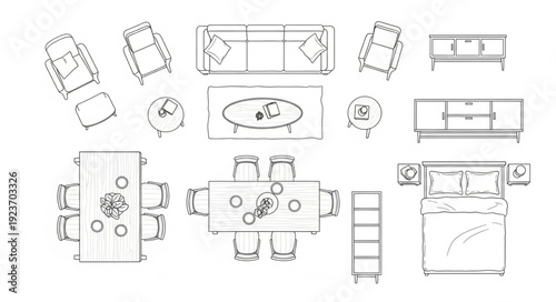 Detailed top-down view of various furniture arrangements and layouts.