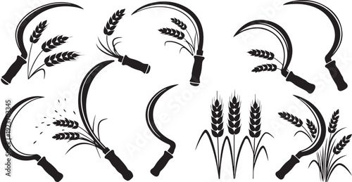Sickle and wheat icons in black and white vector