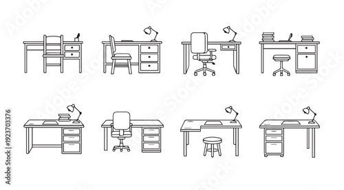 Desk and Chair Set Icons with Lamp and Books, Simple Line Art
