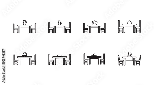 Dining Table and Chairs Icon Set, Minimalist Line Art, Kitchen Furniture Collection