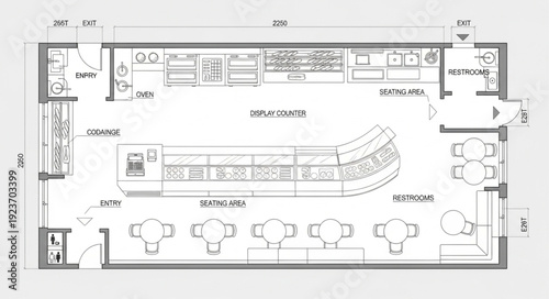 Detailed architectural floor plan showcasing a restaurants interior design and layout.