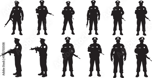 Police Officers in Various Poses and Gun Positions Silhouettes
