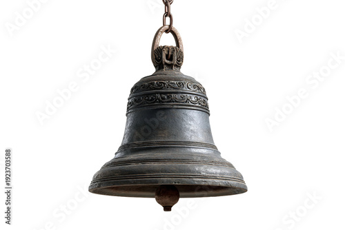 Historic church bell mounted on wooden frame isolated on transparent background
