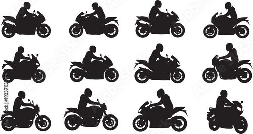 Motorcycle riders in various silhouettes on white background