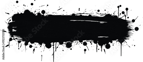 The image described has a dark black ink splatter effect, with a thick, horizontal band of black ink at its center. This band acts as the focal point of the composition, drawing the viewer's attention