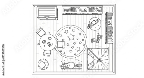Detailed overhead view of a restaurant layout with tables and chairs arrangement.