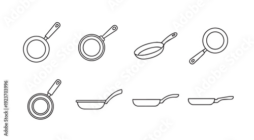 Frying Pan Icon Set - Various Angles and Styles - Line Art
